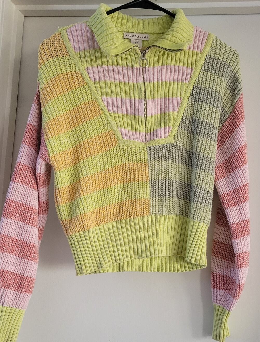 Sincerely Jules Womens M Pastel Colorblock Striped Quarter Zip Cropped Sweater